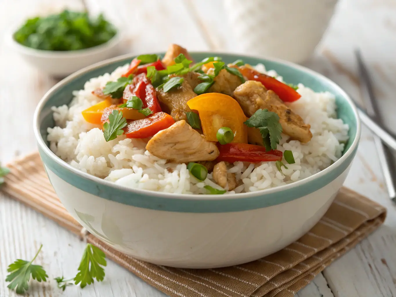 A vibrant photo of Red Dragon Fire Express's Special Fried Rice, packed with colorful vegetables, succulent shrimp, tender chicken, and fluffy rice, all stir-fried in a flavorful sauce and presented in a modern, high-end style.