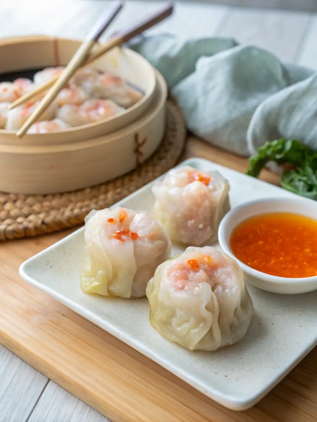 A close-up of Red Dragon Fire Express's perfectly steamed dumplings, showcasing their delicate wrappers and savory filling, served with a side of dipping sauce.