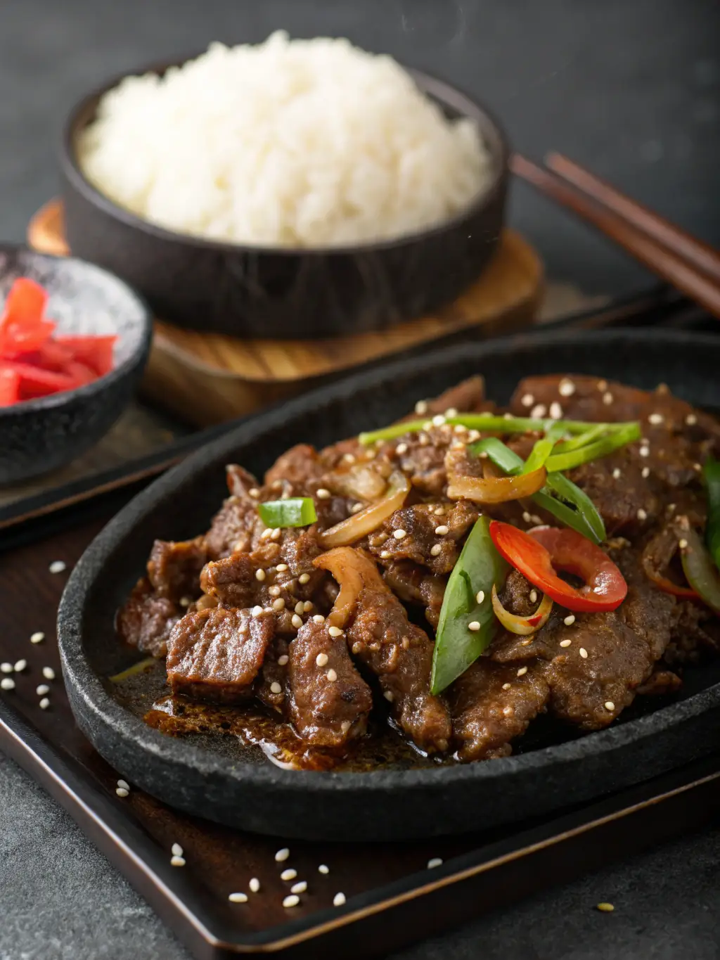 A vibrant image of Red Dragon Fire Express's Mongolian Beef, showcasing the tender beef strips, green onions, and rich, savory sauce in a wok.