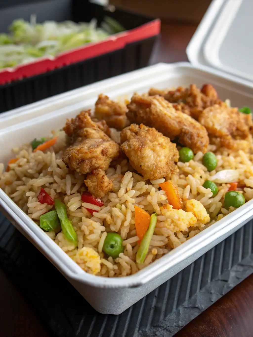 A steaming bowl of Red Dragon Fire Express's signature Fried Rice, filled with colorful vegetables, succulent meats, and fluffy rice grains.