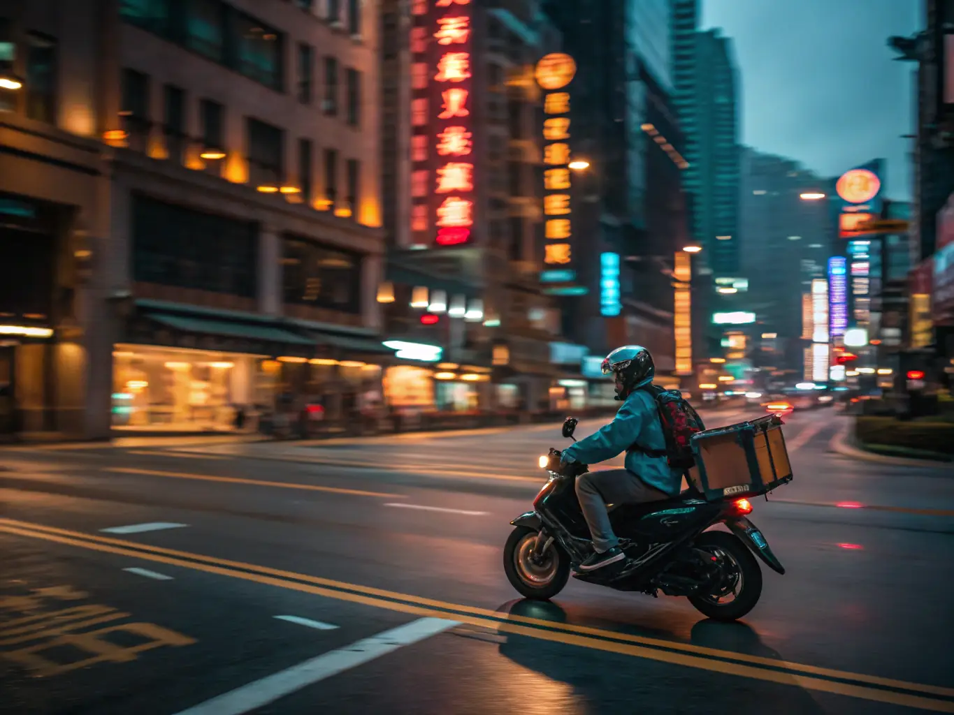 A sleek, modern delivery scooter speeding through a city street at night, symbolizing the fast and efficient delivery service of Red Dragon Fire Express.