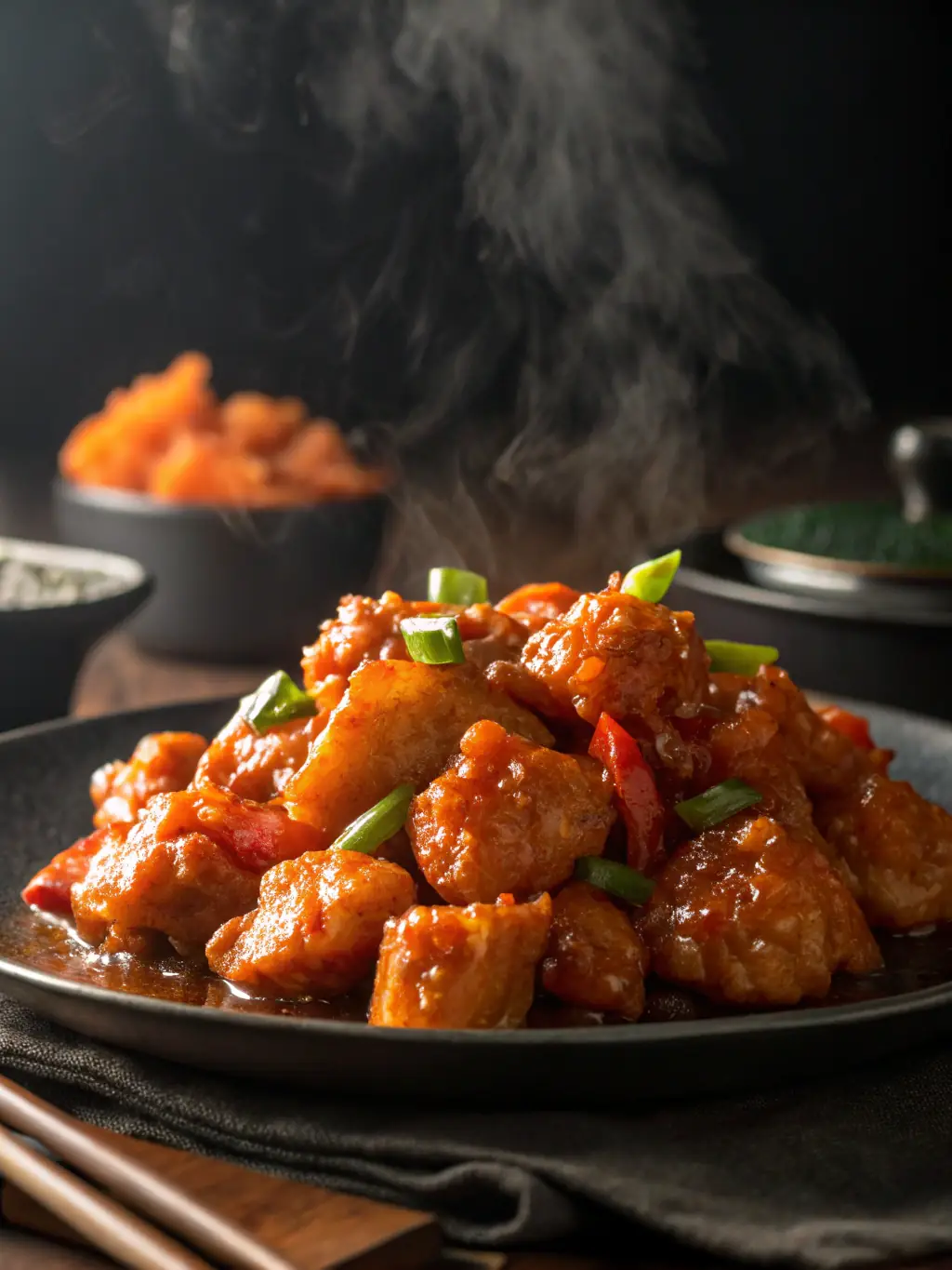 A close-up shot of Red Dragon Fire Express's signature Orange Chicken, glistening with sauce and garnished with sesame seeds, presented in a modern takeout container.